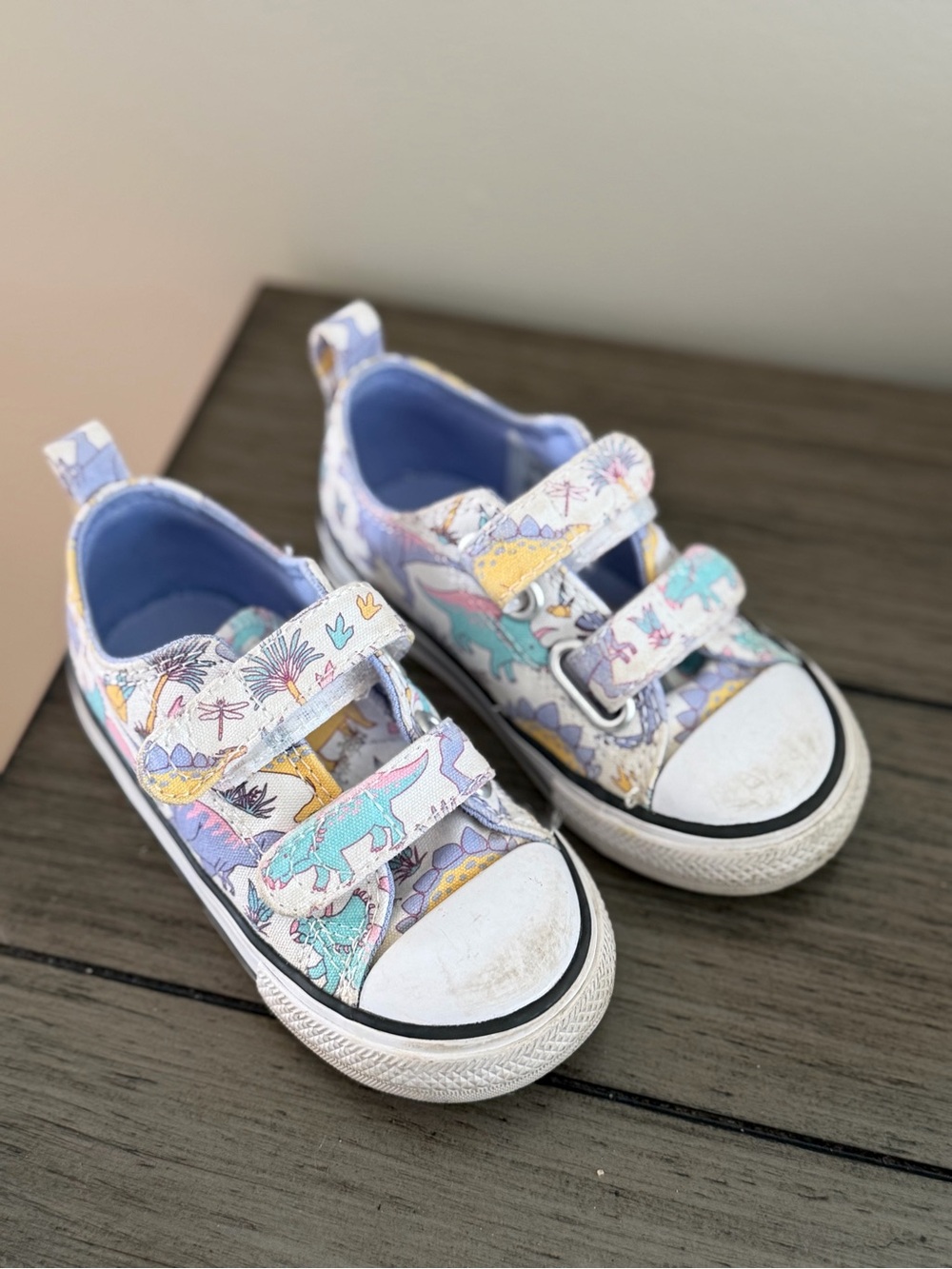 Kids White Dino Print Velcro Converse Sneakers